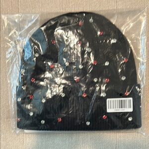 Black Beanie with Red and Silver Rhinestones